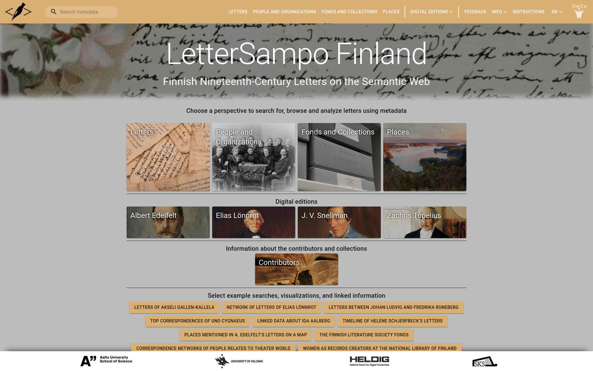 The landing page of the LetterSampo Finland portal